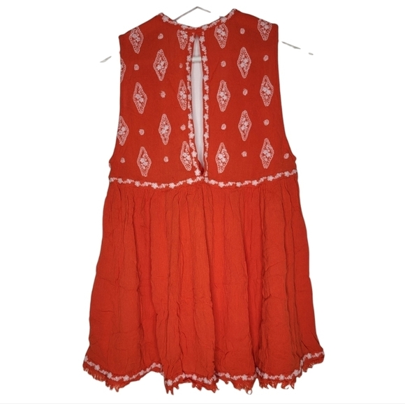 FREE PEOPLE Top Diamond Embroidered Sleeveless Deep V Neck Raw Swing Hem Orange - Picture 7 of 13